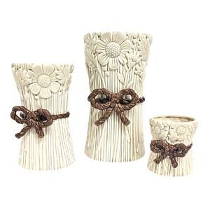 Fitz & Floyd Set of 3 Sunflower 3D Embossed Cream Vases with Brown Rope Accent